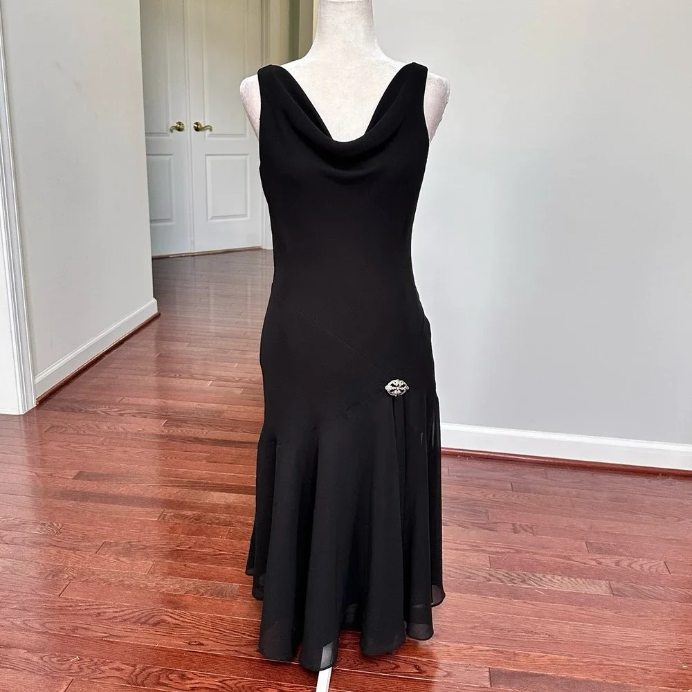 Jones Wear‎ Dress Black Flowey Cowl Neck Feminine Silver Brooch Cocktail Dress